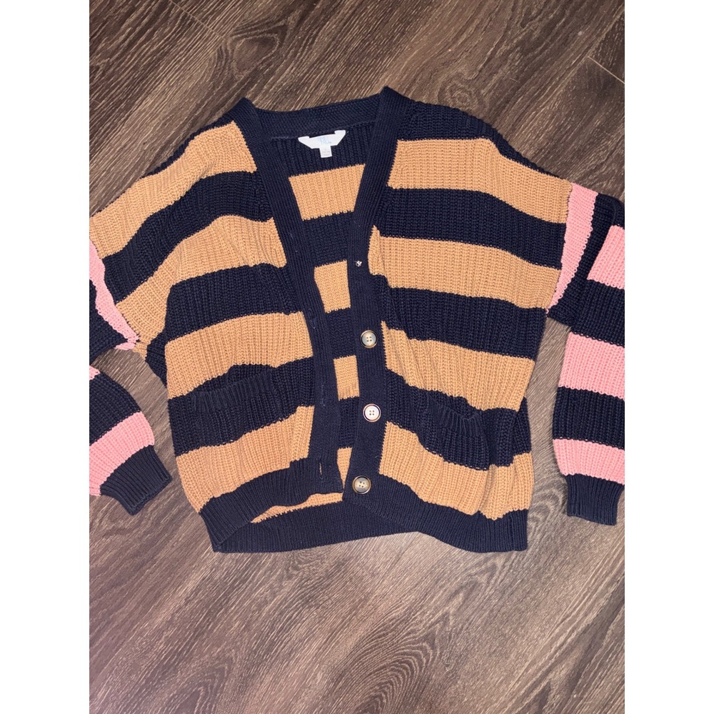 Time and Tru Womens Striped Chunky Knit Cardigan Navy Tan Pink Large 12-14